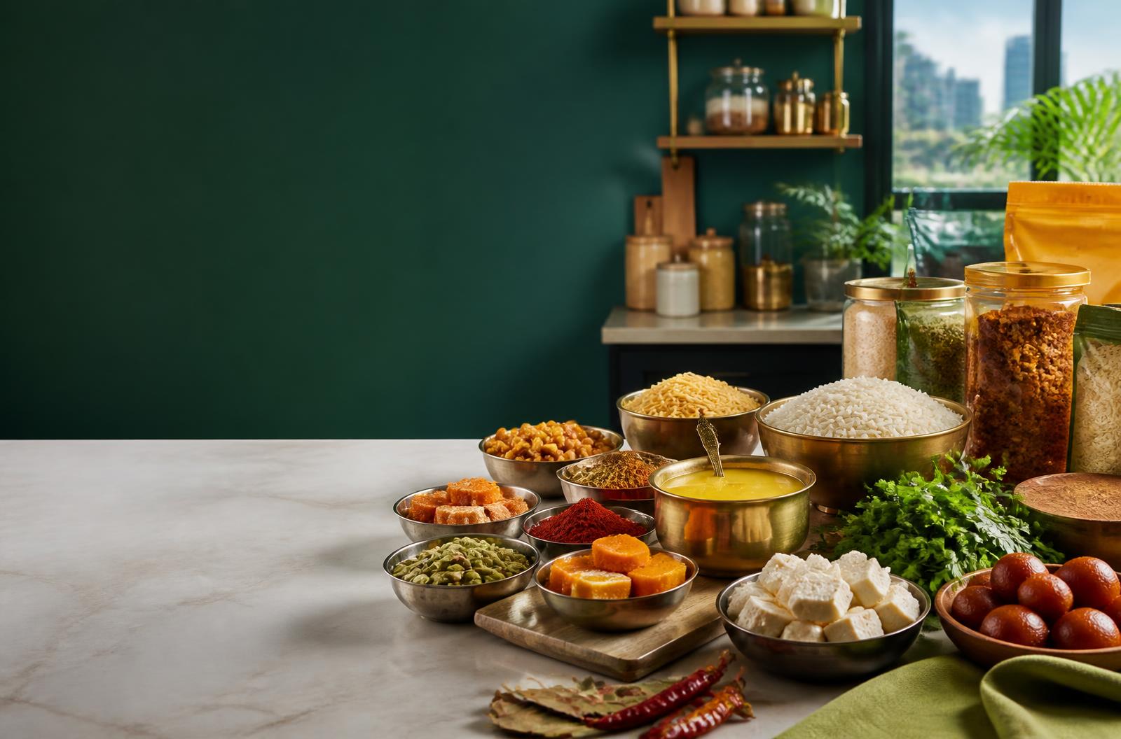 Maha Alpine pantry spread - spices, ghee, rice and sweets