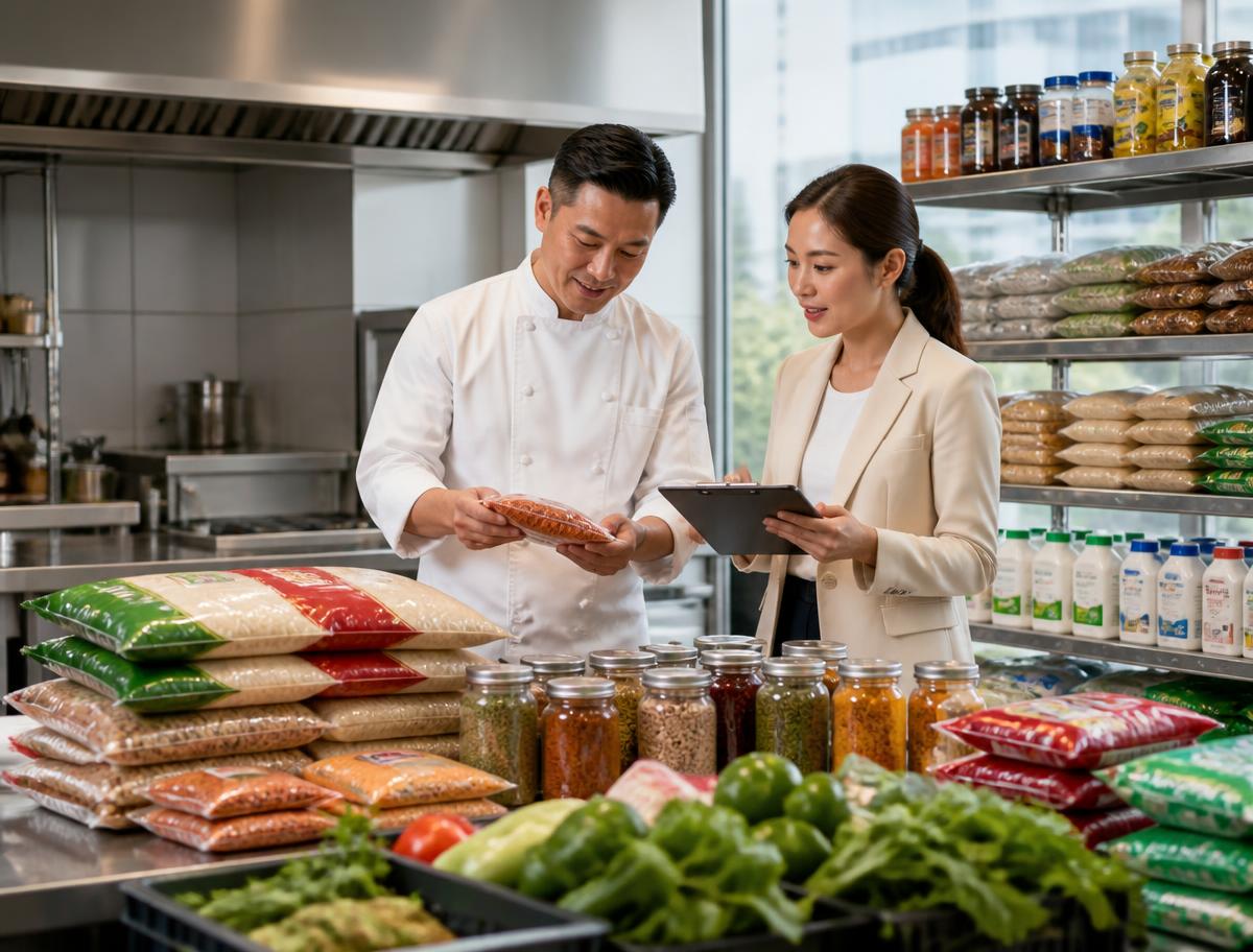 Chef and buyer reviewing wholesale food-service stock